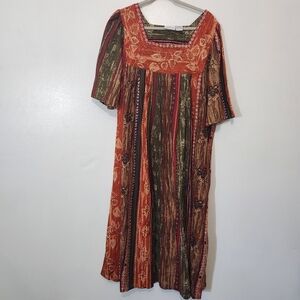 Vermont Country Store 1X Muumuu Fall Print House Dress Pockets Cotton 48" L